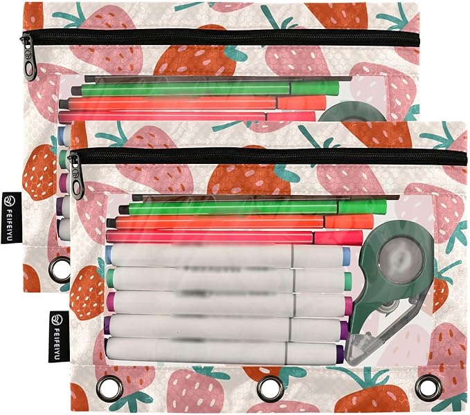 ALAZA Pencil Pouch for 3 Ring Binder, Fruit Strawberry Binder Pencil Pouches with Clear Window Zipper Pencil Case Cosmetic Bags for Office College Supplies, 2PCS