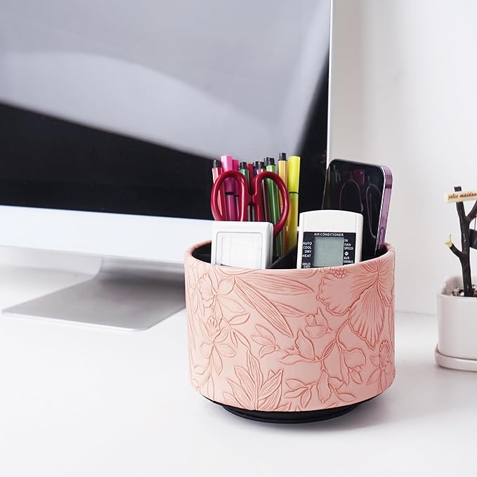 Hennaja Round Leather Art Supply Organizer,Remote Control Holder,360 Degree Spinning,Multi-Functional Pencil Holder,4 Compartments Desktop Stationary Organizer(1-Carved Pink)