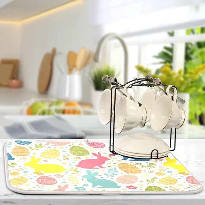 Flowers Eggs Bunny Easter Dish Drying Mat 16 X 18 Inches Spring Rose Leaves Peeps Rabbits Dry Dishes Pads Mats for Kitchen Tableware Protector Countertops Counter Home Decorations