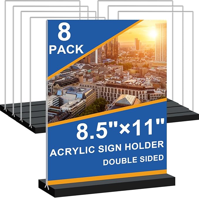 Seencool 8.5x11 Acrylic Sign Holder Vertical Double-Sided Tabletop Sign Holder with Black Base, Plastic Picture Frame Paper Holder, Clear Menu Display Stand for Office Restaurant Store Home 8 Pack