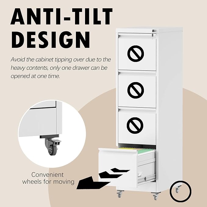 File Cabinet with Lock, 4 Drawers Filing Cabient with Wheel, Steel Vertical Filing Storage Cabinet for Home Office, Heavy-Duty File Cabinets for Letters/Legal/A4 (Require Assembly, White)