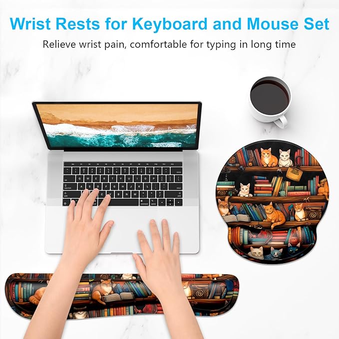 Dapesuom Keyboard Wrist Rest and Mouse Pad with Wrist Support, Cute Memory Foam Cushion for Keyboard and Mouse Set, Ergonomic Pad Rests with Non Slip Base for Easy Typing & Pain Relief, Library Cats