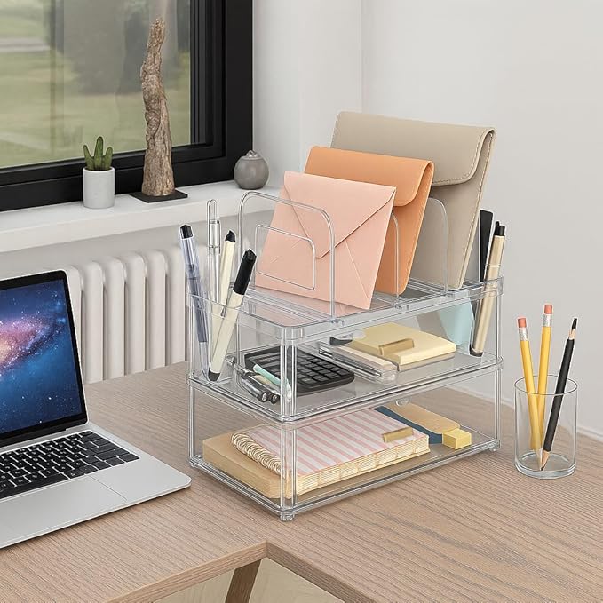 Acrylic Desk Organizer Set, 2 Pack Stackable Drawer Organizer with 4 Vertical File Sorter and 2 Pen Holders, Desktop Storage for Files, Letter, Documents, Office Supplies, Desk Accessories