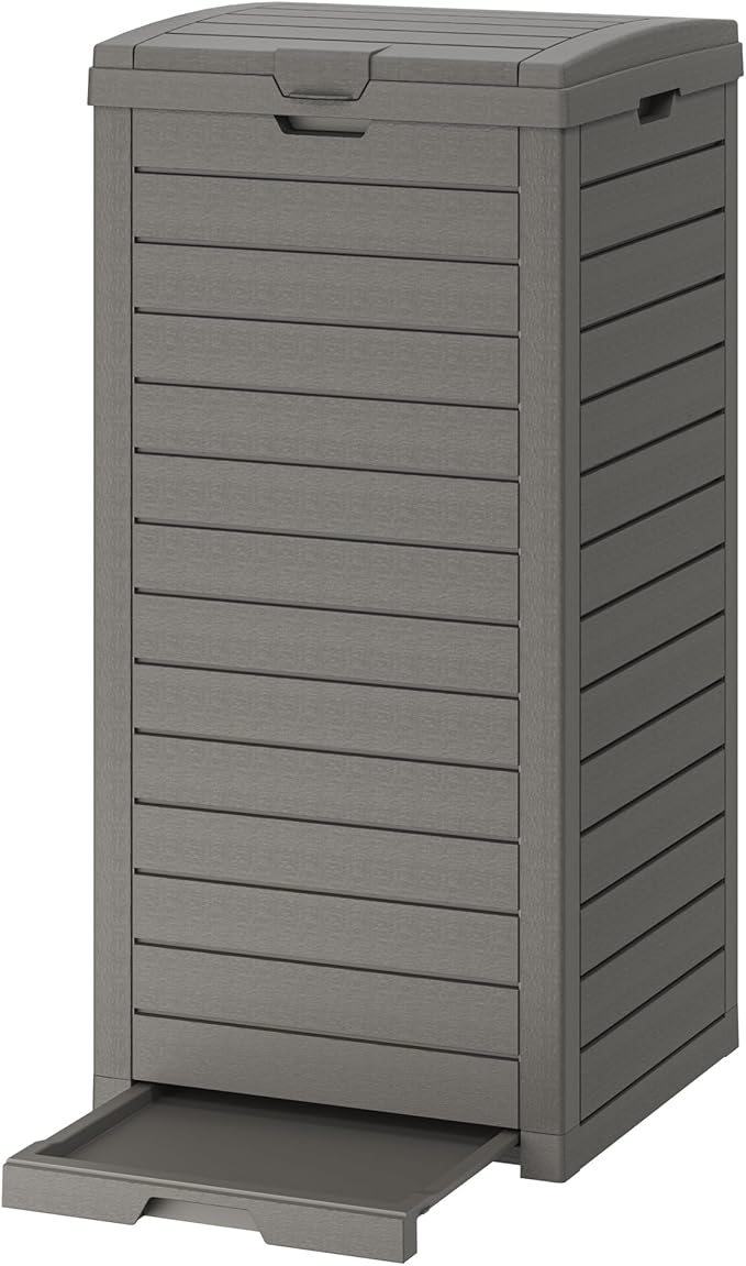 Outdoor Trash Can, 31 Gallon Garbage Can with Tiered Lid and Drip Tray, Waterproof Resin Patio Waste Bin for Garden, Backyard, Deck