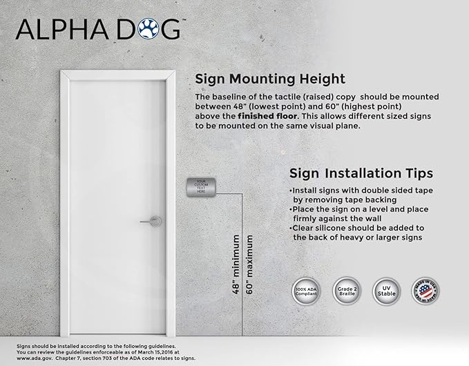 ALPHA DOG ADA SIGNS Custom ADA Compliant Braille Sign, 6"x9" Room Identification Plaque, Tactile Text, Raised Letters, Personalized 4-Line, Indoor/Outdoor, USA-Made (Brushed Stainless)