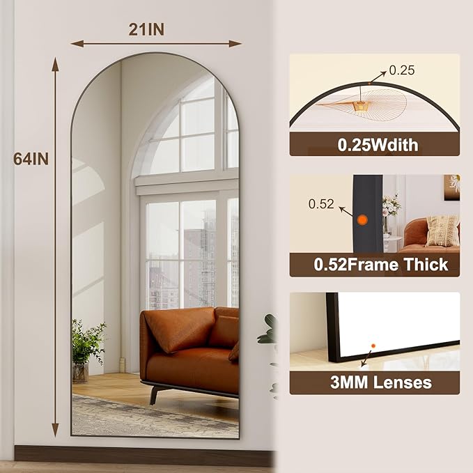 HARRITPURE Arched Full Length Mirror - 64"x21" Free Standing Leaning Mirror Hanging Mounted Aluminum Frame Modern Home Decor for Living Room, Bedroom, Cloakroom, Black