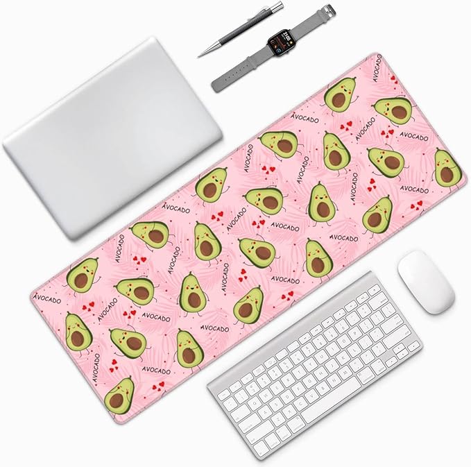 Famame Laptop Mouse Pad Cute Avocado Pink Palm Leaves Desk Mat with Stitched Edges 31.5X 11.8 inch Non-Slip Large Keyboard Rubber Writing Table Mat for Office Home