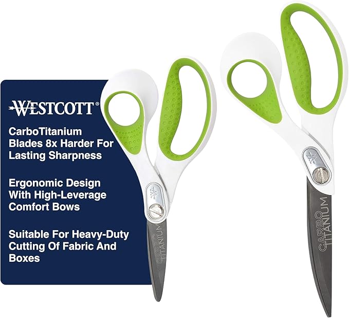 Westcott 7- and 9-Inch CarboTitanium Fabric Scissors for Fabric Cutting, Quilting, and Sewing Projects, White/Green, 2 Pack