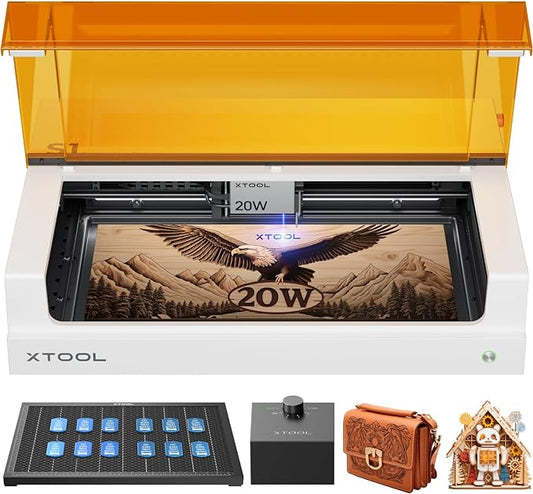 xTool S1 20W Laser Engraver and Cutter Machine with Air Assist & Honeycomb, 23.93" x 15.16" Bed Size, Beginner-Friendly, Laser Engravering Machine for Wood and Metal, Acrylic, etc. - Basic Bundle
