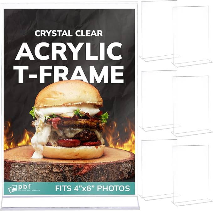 pbf 4x6 Acrylic Picture Frame Display Stand | 4 x 6 Vertical Clear Acrylic Sign Holder | T-Style Photo Frame for Table Sign, Tabletop Wedding Sign, Menu, QR Code (6-Pack)
