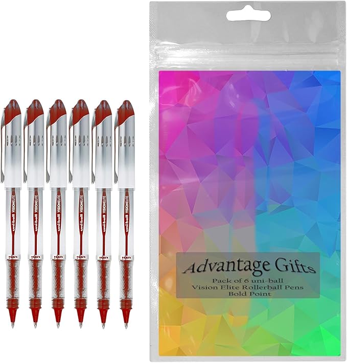 Vision Elite Rollerball Pens, Bold Point (0.8mm), Red Ink, 6 count, Bundle with Plastic Reusable Pouch