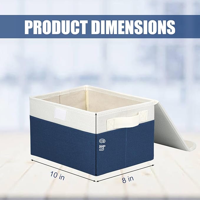 Small 8 Quart Linen Fabric Foldable Storage Bin Cube Organizer Basket with Lid & Handles, Collapsible Decorative Box Container for Home, Dorm, Closet (Navy Blue & White, 10"x8"x6", 6-Pack)