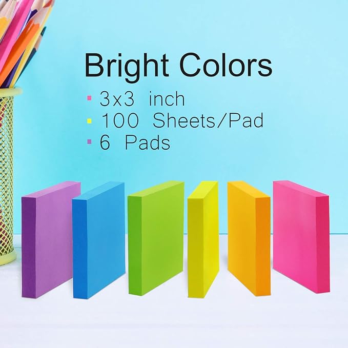 Sticky Notes 3x3 Self-Stick Notes Pads with 6 Bright Colors, Easy to Post for Office, School, Home, 6 Pads/Pack, 100 Sheets/Pad(Standard)
