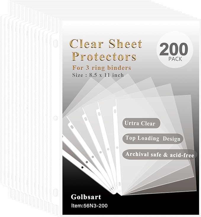 Sheet Protectors 8.5 x 11, 200 Pack Clear Plastic Page Protectors for 3 Ring Binder, Top Loading Letter Size Document Sleeves, Acid-Free Non-Glare Paper Protector Sheets for School, Office and Home.