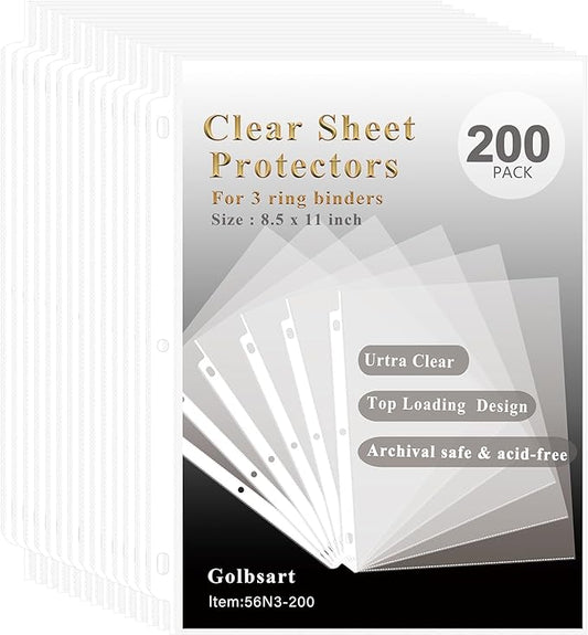 Sheet Protectors 8.5 x 11, 200 Pack Clear Plastic Page Protectors for 3 Ring Binder, Top Loading Letter Size Document Sleeves, Acid-Free Non-Glare Paper Protector Sheets for School, Office and Home.