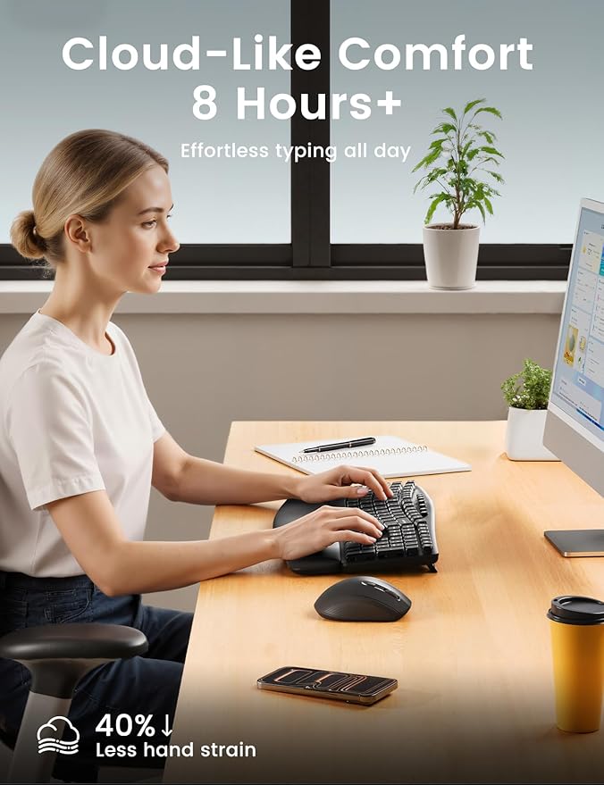 Quiet Wireless Keyboard and Mouse Combo, 30dB Silent Full-Size Ergonomic Keyboard Set with Wave Keys & Soft Palm Rest, Dual-System Switch for Windows/Mac, Ideal for Business Teams Home Office—Sablute