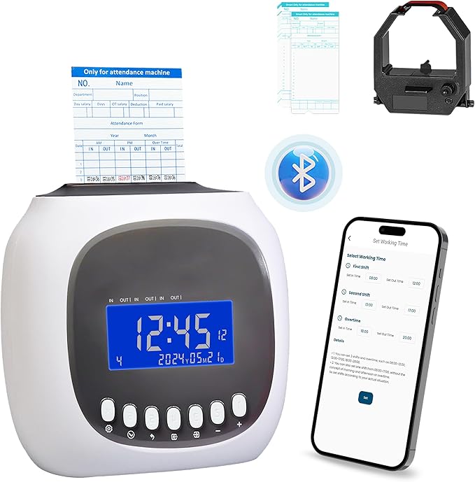 Time Clocks for Employees Small Business, Auto-Align Time Clock, 6 Punches per Day Time Machine, Clock in Machine for Employees with Time Cards, 2 Ink Ribbons and 4 Racks (White-BT App)