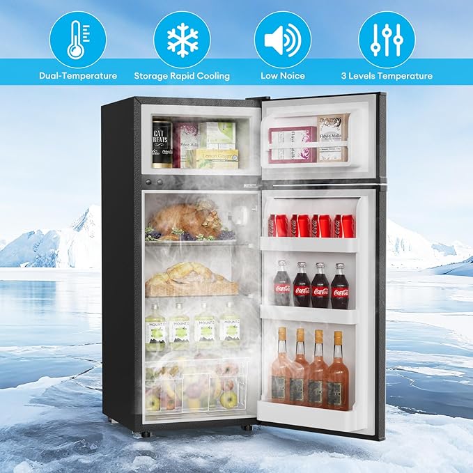 TABU 4.5 Cu.Ft Refrigerator with Top Freezer, Compact Double Door Fridge with Adjustable Thermostat & Removable Shelves, for Home, Office and Apartment, Black