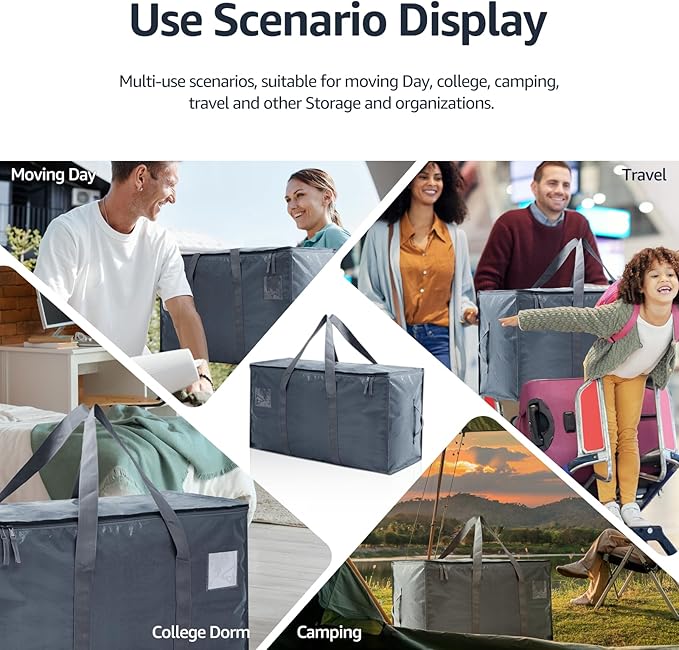 Moving Bags Heavy Duty Extra Large, Moving Boxes, Moving Supplies Essentials,Storage Bins with Lids, Plastic Packing Totes, Storage Bags for Clothes with Handles & Zippers(Grey, 4 Pack)