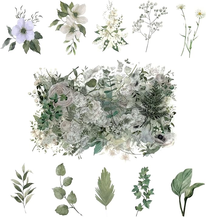 100 Pcs Daisy Camellia Stickers, White Flower Stickers for Scrapbooking Junk Journal Notebook Diary Planner Letter Envelope Water Bottle Phone Case Craft Decoration, 50 Patterns