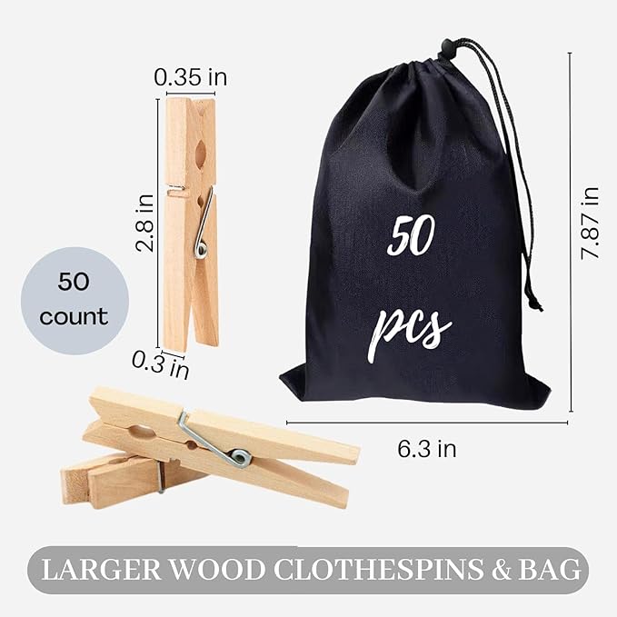 Clothes Pins,50 Pack,2.9 in,Natural Birchwood,Rust and Moisture Resistant Clothespins,Durable Clothes Pins Wooden with Storage Bag,Strong Grip,Clothespins for Hanging Clothes,Bag Clips,Crafts,Photos