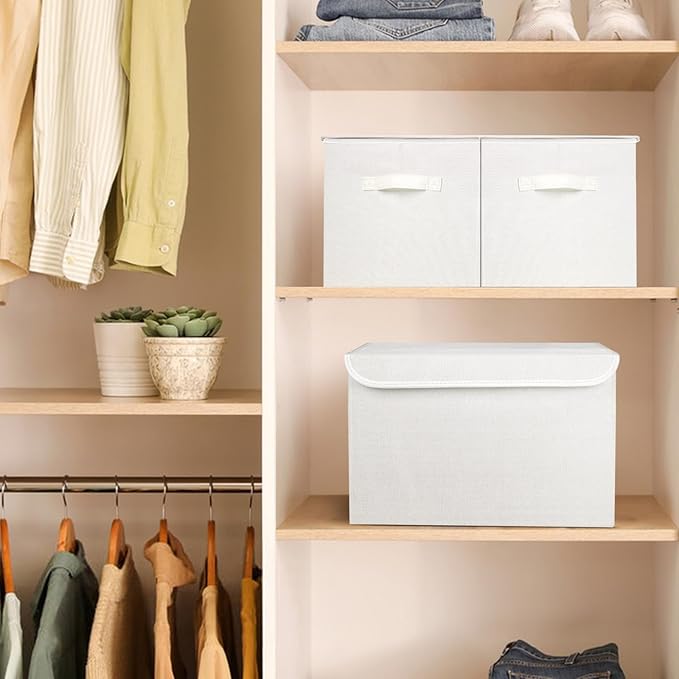 Large 17" 42 Quarts Collapsible Stackable Storage Bins with Lids [3-Pack] Foldable Fabric Linen Storage Boxes Cube, Closet Organizer Baskets with Label (16.7 x 12 x 12", White)