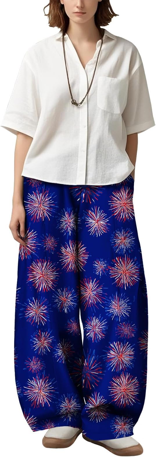 Zaswen Women's Oversize Loose Fit Breathable Pants Wide Leg Lounge Pants Fashion Casual Fireworks Print Trousers with Pockets
