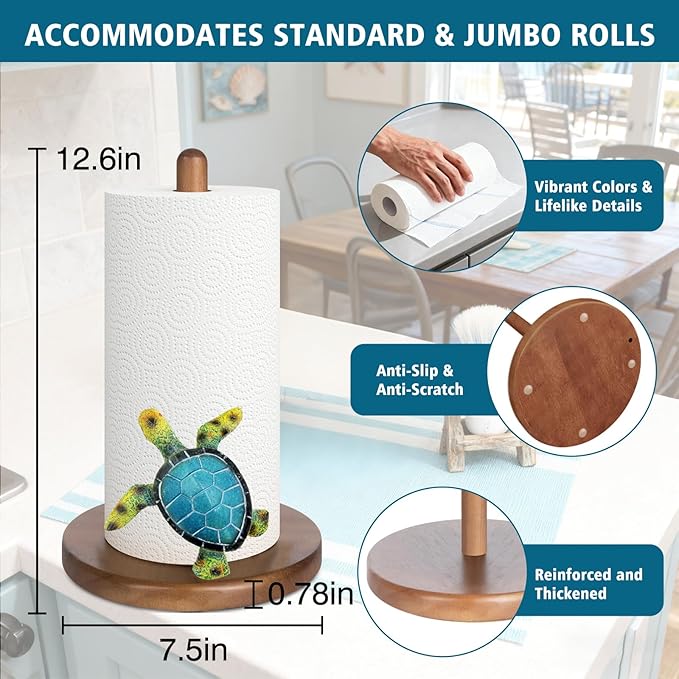 Turtle Paper Towel Holder Countertop, 3D Modern Marine Kitchen Counter Decor, Cute Resin Turtle Wooden Stand for Bathroom & Home Indoor Table, Winter Xmas Gift for Women, Housewarming Gifts, Green
