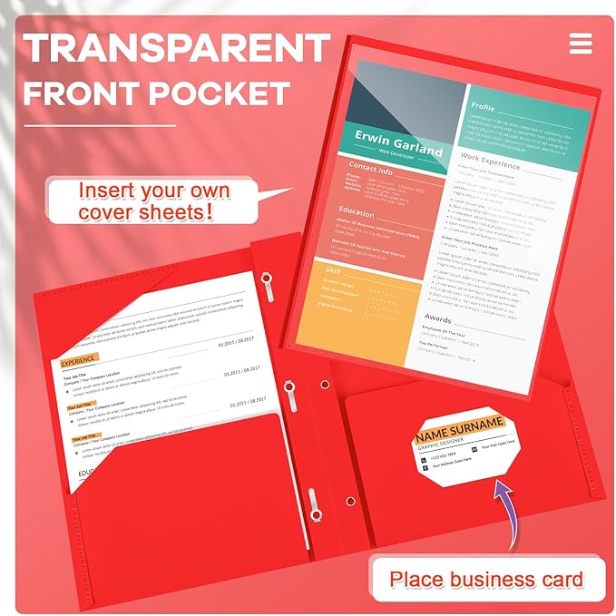 Henoyso 48 Pcs Plastic Folder with Clear Front Pocket and 3 Prongs Heavy Duty Plastic Folders with Card Slot Pocket Folders with Prongs for School Office Home(Red)