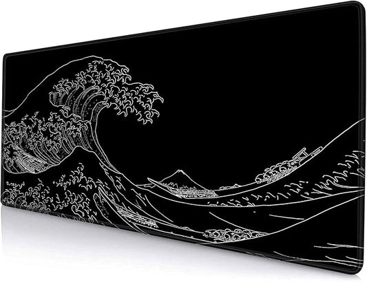 Large Mouse Pad Gaming, Extended Mousepad with Stitched Edges, Non-Slip Rubber Base Keyboard Desk Mat Mouse Pads for Work, Game, Office, Home, 31.5 x 11.8 in, Black Wave of Kanagawa