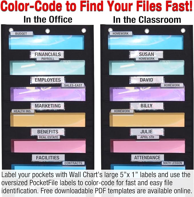 Ultimate Office WalMaster Heavy Duty, 30-Pocket Wall Chart Filing System WITH LABEL HOLDERS for Classroom and Office, Wall File Organizer PLUS 36 PocketFiles, Mounting Hardware & Door Hooks