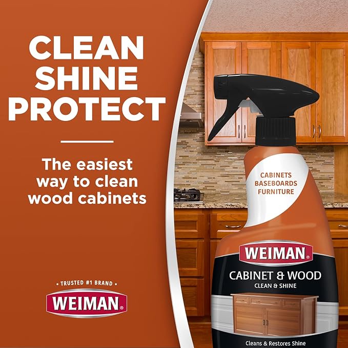 Weiman Cabinet & Wood Clean & Shine Spray - Furniture, Kitchen Cabinets, Baseboard & Trim, Fresh Almond Scent, Microfiber Cloth Included