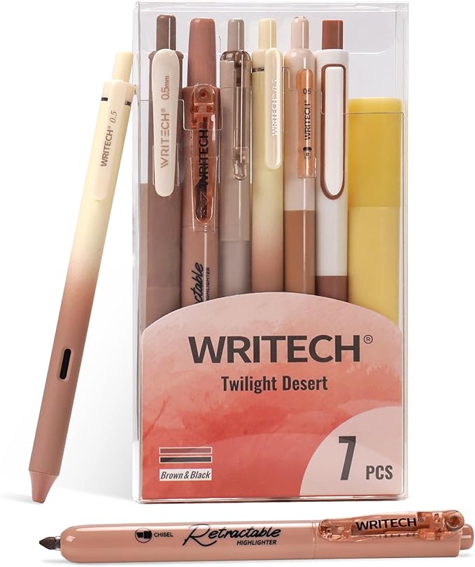 WRITECH Gel Pens Journaling Highlighters: Journal Set Aesthetic Assorted Earth Tones Color Ink 0.5mm Fine Point Retractable 0.7mm Black Pen Smooth Writing Drawing No Bleed 7ct (Brown)