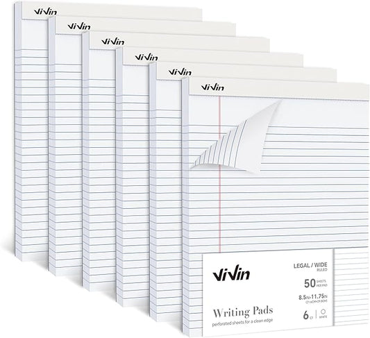 ViVin Legal Pads 8.5 x 11 Inch, Wide Ruled Note Pads, 6 Pack, 50 Sheet/Pad, Perforated Writing Pads, Notepads for Office Home School, 300 Sheets, White Paper