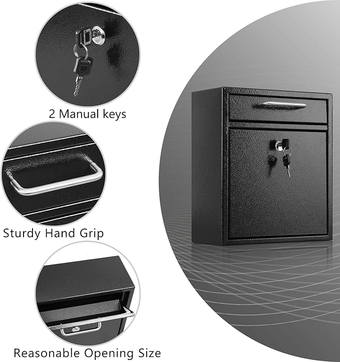 xydled Steel Mailbox Wall Mount, Medium Locking Mailbox with Key Lock, Lock Mail Boxes for Outside, Security Key Drop Box, Collection Boxes, 13.4H x 11.6L x 5.6W Inches, Black, Large