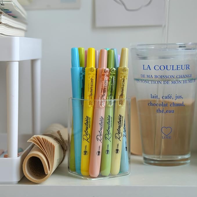 WRITECH Retractable Bible Highlighters Assorted: Pastel Colors No Bleed Aesthetic Marker Pen Chisel Tip, 12 Pack