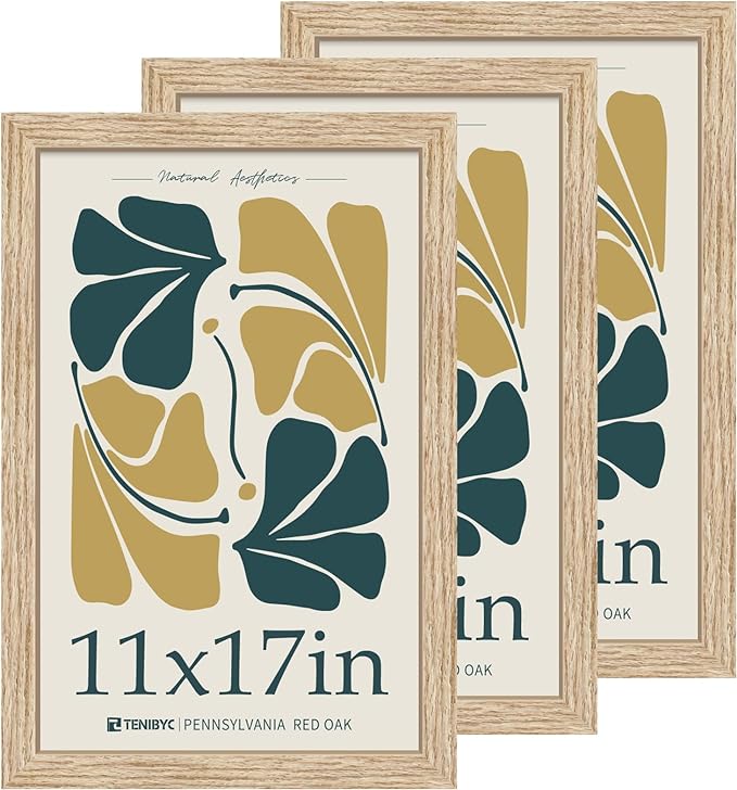 11x17 Oak Poster Frame 3 Pack with HD Glass, Natural Solid Wood Picture Frame, Wall Gallery Frame