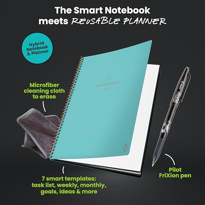 Rocketbook Fusion Hybrid Reusable Planner and Notebook in One, Additional Blank Pages, Goal and Project Tracker, Undated Planner, Executive Size 6x8.8, Teal (Pack of 1)