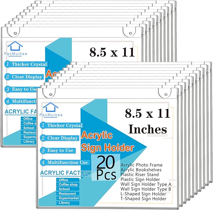PecMuikee Acrylic Sign Holder 8.5x11 Horizontal, Wall Mount Acrylic Sign Holder and Plastic Paper Display Ad Frame bonus with 3M Tape and Mounting Screws for Restaurants, Office, Store, 20 Pcs