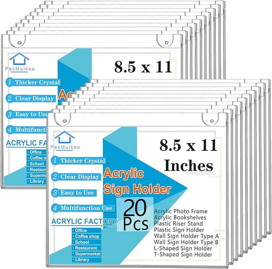 PecMuikee Acrylic Sign Holder 8.5x11 Horizontal, Wall Mount Acrylic Sign Holder and Plastic Paper Display Ad Frame bonus with 3M Tape and Mounting Screws for Restaurants, Office, Store, 20 Pcs