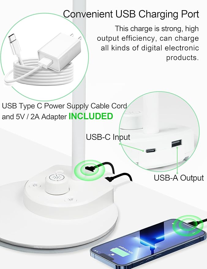 BOHON LED Desk Lamp with USB Charging Port, 3 Color Modes Dimmable Reading Lamp, Auto Dimming Task Lamp, Flexible Neck Table Light for Dorm Bedside, Adapter Include, White