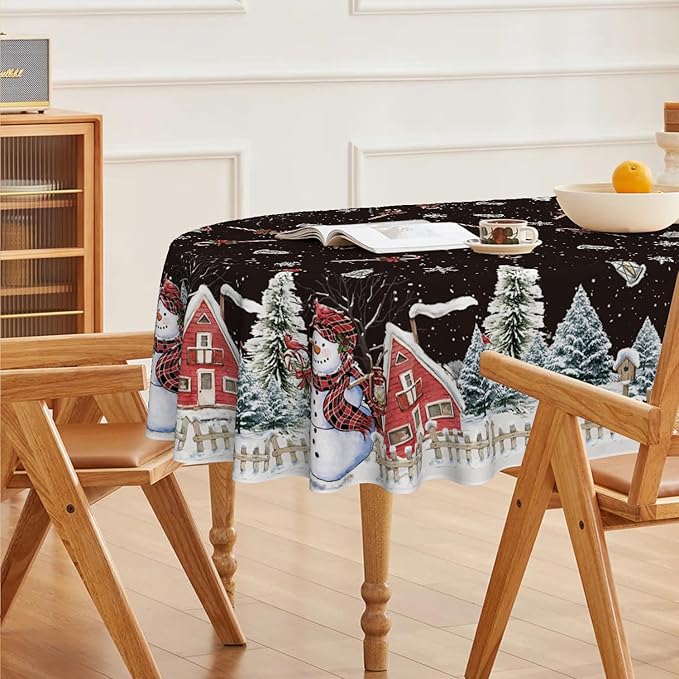 Horaldaily Christmas Tablecloth 60×84 Inch Oval, Winter Snowman House Christmas Trees Black Washable Table Cover for Party Picnic Dinner Decor