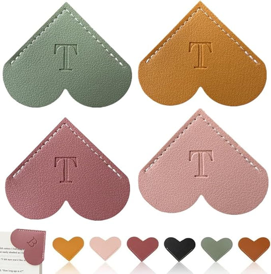 Personalized Leather Heart Bookmark, 26 Letters Customized Corner Book Mark for Reading Women, Book Marker with Initials，Cute Gifts (Light Pink+Deep Pink+Green+Light Brown, T)