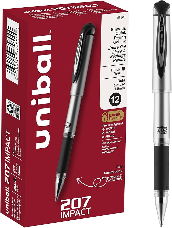 uni-ball® 207™ Impact™ Gel Pens, Bold Point, 1.0 mm, Black; Gray Barrel, Black Ink, Pack Of 12