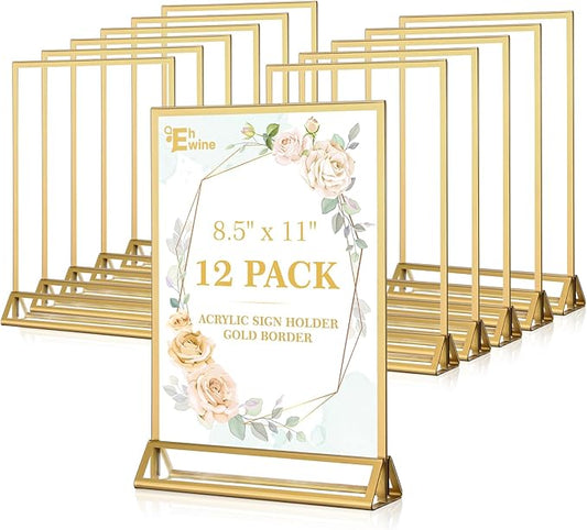 EHWINE 12 Pack Acrylic Sign Holder 8.5 x 11, Double Sided Gold Picture Frame Stand up Table Top Sign Holders, Clear Display Stand Menu Flyer Holder for Wedding Party (Provide Non-slip Mats)