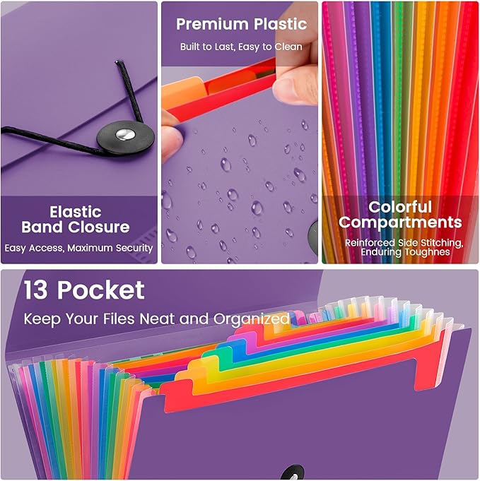 13 Pocket Accordion File Organizer with Elastic Closure, Expanding File Folder for Letter Size A4 Papers, Ideal for Home, Office Supplies, College Essentials - Purple