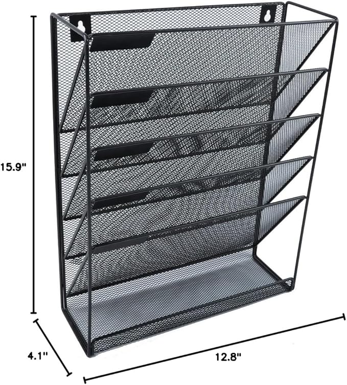 EASEPRES Hanging File Holder Organizer, 6 Tier Mesh Metal Wall Mount Document Letter Tray Organizer for Office Home, Black