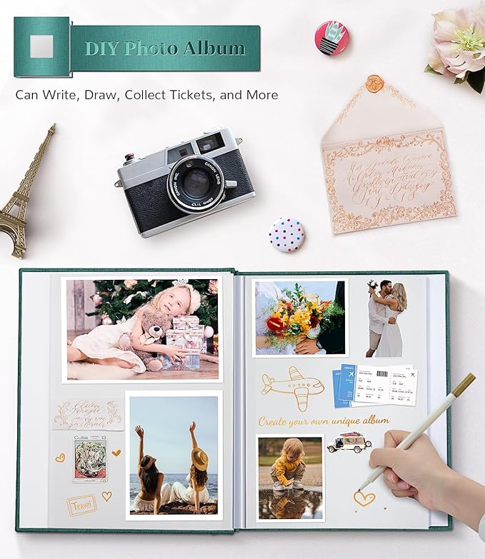 Photo Album Self Adhesive Scrapbook Album for 3x5 4x6 5x7 8x10 Pictures,40 Pages Linen Cover with Display Window DIY Photo Book,Ideal Gifts for Family Travel Wedding Baby