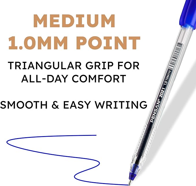 Blue Ballpoint Pens,1.0 mm Medium Point, Blue Pens, Ergonomic Triangle Grip, Smooth Writing, 150-Count Pack of Bulk Pens