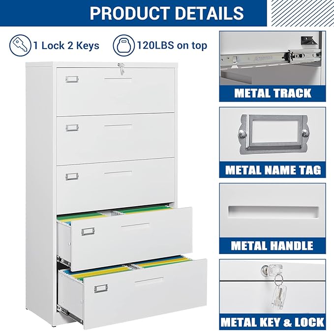 Lateral File Cabinet with 5 Drawers - White Metal Steel Filling Cabinets for Home Office - Lockable Storage Cabinet for Hanging Files Letter/Legal/F4/A4 Size-Assembly Required